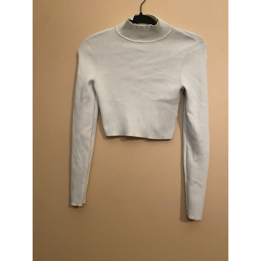 H&M Divided Ribbed Mock Neck Crop Top Long Sleeve Off White Cream Size M